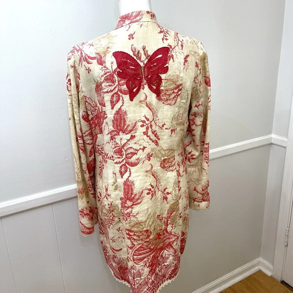 Sigrid Olsen Linen Coat Cream Coral Embroidery‎ Mandarin Collar Medium